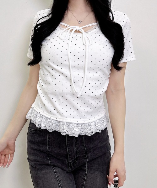 INGNI(イング)の「【WEB限定】レース出しリボン付ドット半袖リブトップス(Tシャツ/カットソー・レディース・ブラック×ホワイト/ホワイト×ブラック・M)」の14枚目の写真