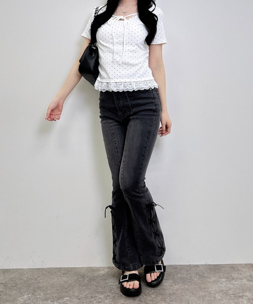 INGNI(イング)の「【WEB限定】レース出しリボン付ドット半袖リブトップス(Tシャツ/カットソー・レディース・ブラック×ホワイト/ホワイト×ブラック・M)」の8枚目の写真