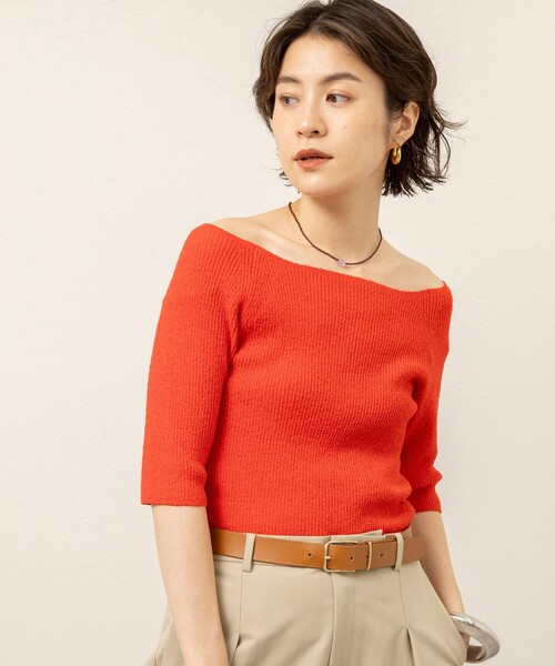 MAQWEL（マクウェル）の「《手洗い可能》ブークレ5分袖ニット（ニット/セーター・レディース・レッド/ダークブラウン/キナリ・FREE）」の3枚目の写真
