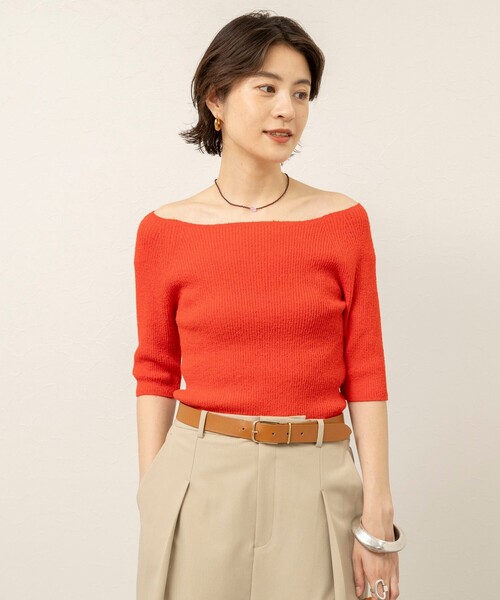 MAQWEL（マクウェル）の「《手洗い可能》ブークレ5分袖ニット（ニット/セーター・レディース・レッド/ダークブラウン/キナリ・FREE）」の19枚目の写真