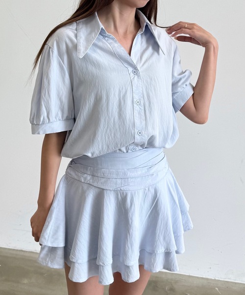 HEIREN（ヘイレーン）の「シャツ×フレアミニスカートセットアップ（インナーパンツ型裏地付き）（セットアップ・レディース・イエロー/ライトブルー・FREE）」の14枚目の写真
