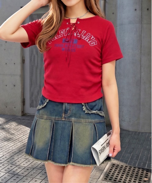 FUN(ファン)の「レースアップロゴカットソー(Tシャツ/カットソー・レディース・オフホワイト/ネイビー/レッド/ブラック・FREE)」の4枚目の写真