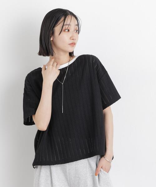 NANO universe(ナノユニバース)の「カットジャガードドロストヘムトップス(Tシャツ/カットソー・レディース・ブラック/アイボリー/ベージュ・FREE)」の4枚目の写真