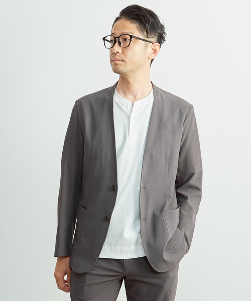 MEN'S MELROSE(メンズメルローズ)の「ソロテックスサッカーイージーノーカラージャケット(セットアップ可)(ノーカラージャケット・メンズ・ネイビー/グレー・2/5/3/4)」の1枚目の写真
