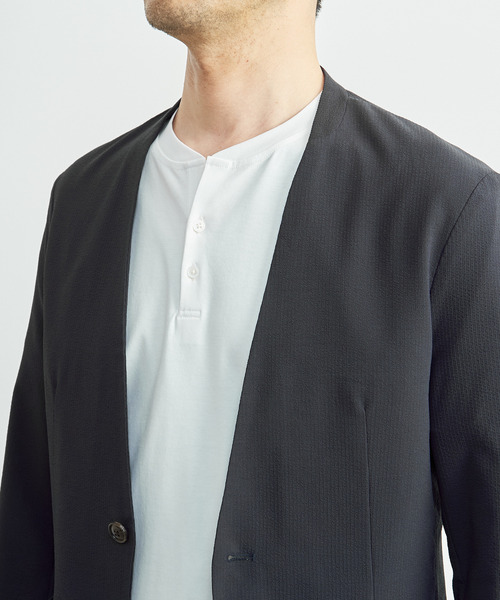 MEN'S MELROSE(メンズメルローズ)の「ソロテックスサッカーイージーノーカラージャケット(セットアップ可)(ノーカラージャケット・メンズ・ネイビー/グレー・2/5/3/4)」の7枚目の写真