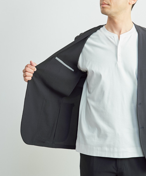 MEN'S MELROSE(メンズメルローズ)の「ソロテックスサッカーイージーノーカラージャケット(セットアップ可)(ノーカラージャケット・メンズ・ネイビー/グレー・2/5/3/4)」の9枚目の写真