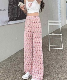フラワープリントプリーツワイドパンツ