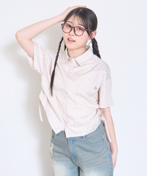 LOVETOXIC(ラブトキシック)の「【セット可】短丈ドロストストライプ半袖シャツ(シャツ/ブラウス・キッズ・ブルー/ベージュ・L:160cm/S:140cm/130cm/M:150cm)」の3枚目の写真