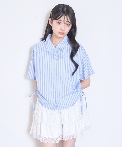 LOVETOXIC(ラブトキシック)の「【セット可】短丈ドロストストライプ半袖シャツ(シャツ/ブラウス・キッズ・ブルー/ベージュ・L:160cm/S:140cm/130cm/M:150cm)」の5枚目の写真