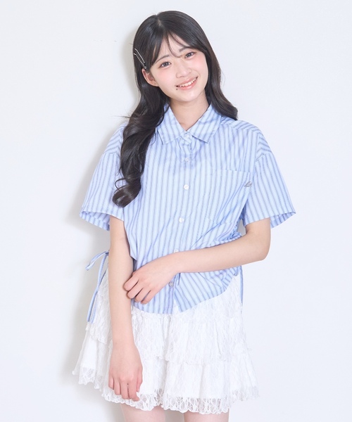 LOVETOXIC(ラブトキシック)の「【セット可】短丈ドロストストライプ半袖シャツ(シャツ/ブラウス・キッズ・ブルー/ベージュ・L:160cm/S:140cm/130cm/M:150cm)」の6枚目の写真