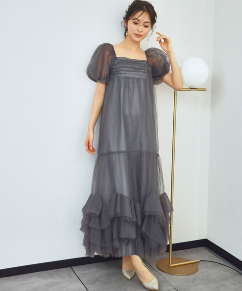 girl(ガール)の「ボリュームチュールパフスリーブドレス フリル シアー 結婚式 ワンピース パーティードレス オケージョンドレス お呼ばれ 二次会 成人式 同窓会 謝恩会 マタニティ 妊婦《着用動画あり》(ドレス・レディース・チャコールグレー/ベージュ・M/S/L)」の1枚目の写真