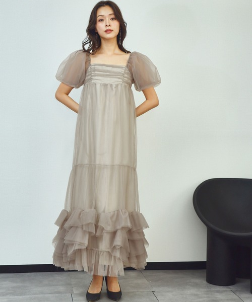 girl(ガール)の「ボリュームチュールパフスリーブドレス フリル シアー 結婚式 ワンピース パーティードレス オケージョンドレス お呼ばれ 二次会 成人式 同窓会 謝恩会 マタニティ 妊婦《着用動画あり》(ドレス・レディース・チャコールグレー/ベージュ・M/S/L)」の5枚目の写真