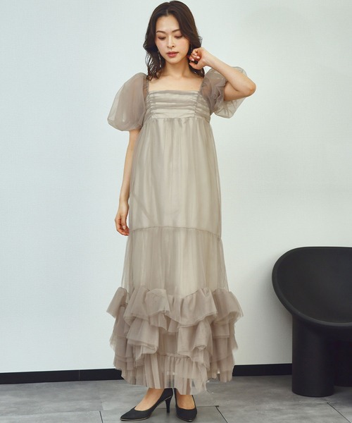 girl(ガール)の「ボリュームチュールパフスリーブドレス フリル シアー 結婚式 ワンピース パーティードレス オケージョンドレス お呼ばれ 二次会 成人式 同窓会 謝恩会 マタニティ 妊婦《着用動画あり》(ドレス・レディース・チャコールグレー/ベージュ・M/S/L)」の6枚目の写真