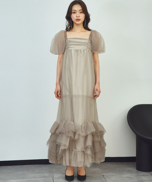 girl(ガール)の「ボリュームチュールパフスリーブドレス フリル シアー 結婚式 ワンピース パーティードレス オケージョンドレス お呼ばれ 二次会 成人式 同窓会 謝恩会 マタニティ 妊婦《着用動画あり》(ドレス・レディース・チャコールグレー/ベージュ・M/S/L)」の8枚目の写真