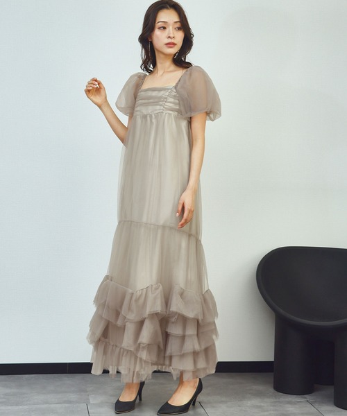 girl(ガール)の「ボリュームチュールパフスリーブドレス フリル シアー 結婚式 ワンピース パーティードレス オケージョンドレス お呼ばれ 二次会 成人式 同窓会 謝恩会 マタニティ 妊婦《着用動画あり》(ドレス・レディース・チャコールグレー/ベージュ・M/S/L)」の9枚目の写真