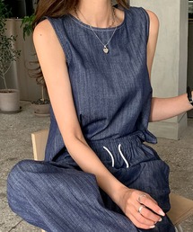 セットアップ レディース ノースリーブ トップス ワイドパンツ デニム風