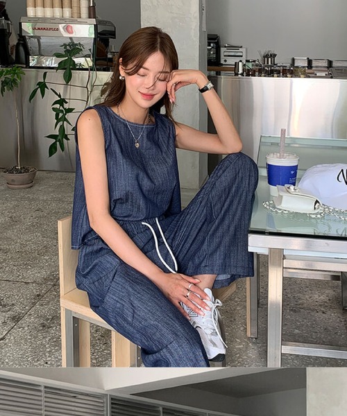 2ly2（トゥーリートゥー）の「セットアップ レディース ノースリーブ トップス ワイドパンツ デニム風（セットアップ・レディース・ネイビー・FREE）」の18枚目の写真