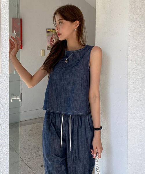 2ly2（トゥーリートゥー）の「セットアップ レディース ノースリーブ トップス ワイドパンツ デニム風（セットアップ・レディース・ネイビー・FREE）」の19枚目の写真