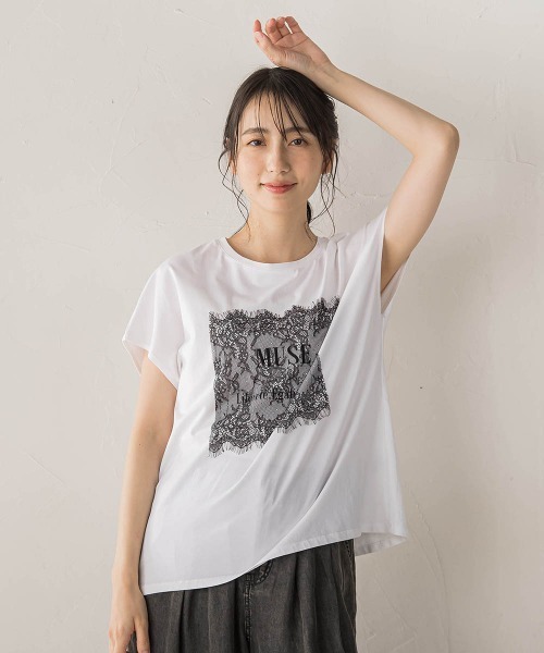 Droite lautreamont(ドロワットロートレアモン)の「レースたたき付けプリントTシャツ(Tシャツ/カットソー・レディース・オフホワイト/チャコールグレー・M)」の3枚目の写真