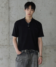 レイヤードヘンリーネック半袖Tシャツ - ブラック