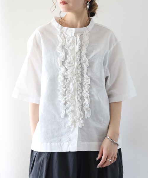 ubasoku(ウバソク)の「ubasoku リネン フロントフリルバンドカラー 半袖シャツ(シャツ/ブラウス・レディース・ブラック/オフホワイト・FREE)」の15枚目の写真