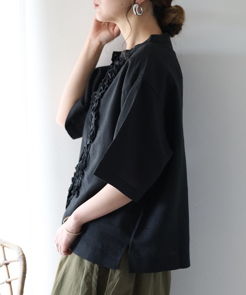 ubasoku(ウバソク)の「ubasoku リネン フロントフリルバンドカラー 半袖シャツ(シャツ/ブラウス・レディース・ブラック/オフホワイト・FREE)」の11枚目の写真