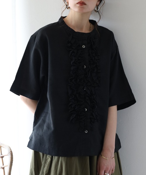 ubasoku(ウバソク)の「ubasoku リネン フロントフリルバンドカラー 半袖シャツ(シャツ/ブラウス・レディース・ブラック/オフホワイト・FREE)」の12枚目の写真