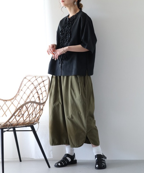 ubasoku(ウバソク)の「ubasoku リネン フロントフリルバンドカラー 半袖シャツ(シャツ/ブラウス・レディース・ブラック/オフホワイト・FREE)」の14枚目の写真