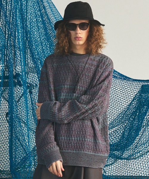 MAISON SPECIAL(メゾンスペシャル)の「《UNISEX》Sheer Mixed Stripe Prime-Over Crewneck Knit Sweater/シアーミックスボーダープライムオーバークルーネックニットセーター【MAISON SPECIAL/メゾンスペシャル】(ニット/セーター・メンズ・パープル/ピンク/イエロー・2/1/0)」の2枚目の写真