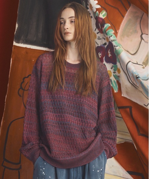 MAISON SPECIAL(メゾンスペシャル)の「《UNISEX》Sheer Mixed Stripe Prime-Over Crewneck Knit Sweater/シアーミックスボーダープライムオーバークルーネックニットセーター【MAISON SPECIAL/メゾンスペシャル】(ニット/セーター・メンズ・パープル/ピンク/イエロー・2/1/0)」の1枚目の写真