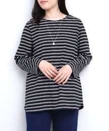 【L~6L 大きいサイズ】コットンボーダーラウンドヘムTシャツ