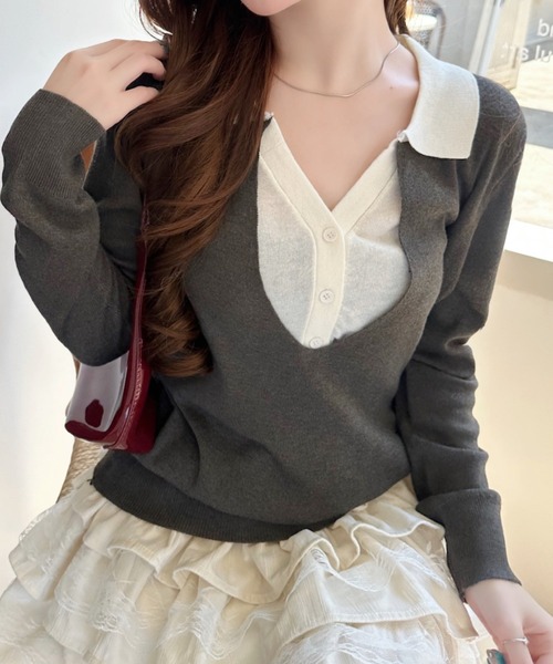 Ada.(エイダ)の「襟付き レイヤード風 Vネック ニット(ニット/セーター・レディース・グレー/ベージュ/ブラウン・FREE)」の19枚目の写真