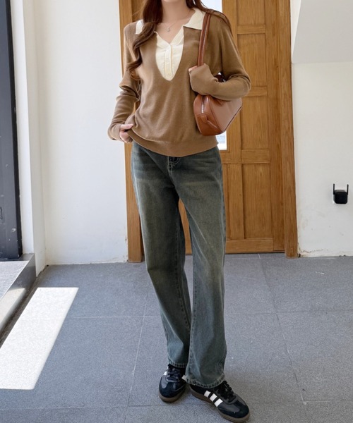 Ada.(エイダ)の「襟付き レイヤード風 Vネック ニット(ニット/セーター・レディース・グレー/ベージュ/ブラウン・FREE)」の7枚目の写真