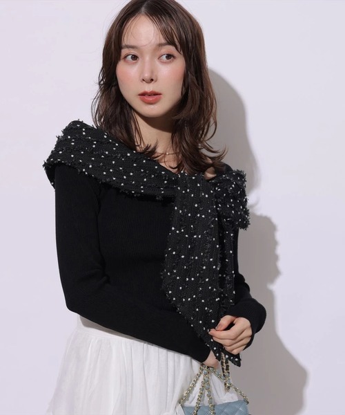 Mystrada(マイストラーダ)の「リボンドッキングオフショルニット(ニット/セーター・レディース・ホワイト/ブラック/ブラック系その他2・38)」の6枚目の写真