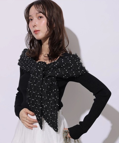 Mystrada(マイストラーダ)の「リボンドッキングオフショルニット(ニット/セーター・レディース・ホワイト/ブラック/ブラック系その他2・38)」の7枚目の写真