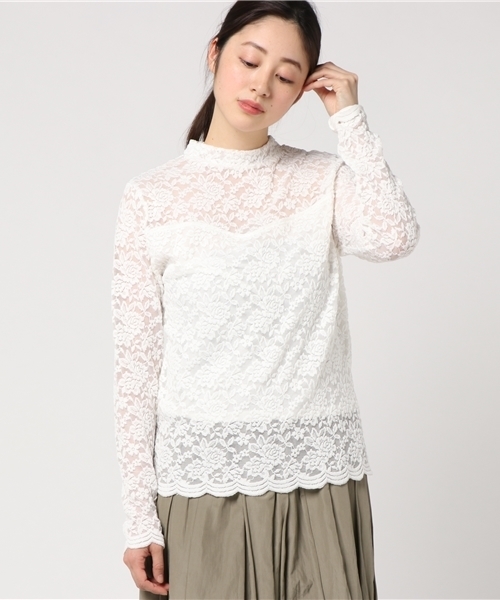 PUNYUS（プニュズ）の「プチハイネックレーストップス（Tシャツ/カットソー・レディース・ホワイト/ライトピンク/ブラック・1/4/2/3）」の2枚目の写真