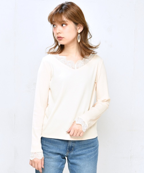 natural couture（ナチュラルクチュール）の「チュールレース付きテレコプルオーバー（Tシャツ/カットソー・レディース・ブラック/アイボリー/モカ・FREE）」の2枚目の写真