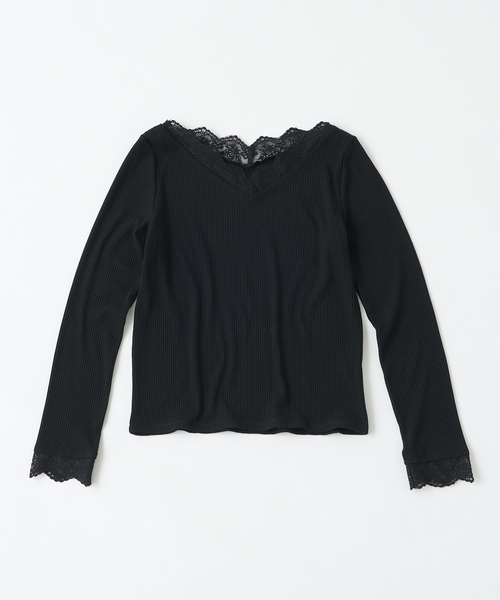 natural couture（ナチュラルクチュール）の「チュールレース付きテレコプルオーバー（Tシャツ/カットソー・レディース・ブラック/アイボリー/モカ・FREE）」の3枚目の写真