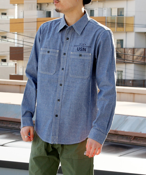 And A（アンドエー）の「AVIREX アヴィレックス TB L/S PINUP CHAMBRAY SH  ピンナップガール シャツ 長袖シャツ 6105096（シャツ/ブラウス・メンズ・ホワイト/インディゴブルー・LARGE/X-LARGE/XX-LARGE/MEDIUM）」の11枚目の写真