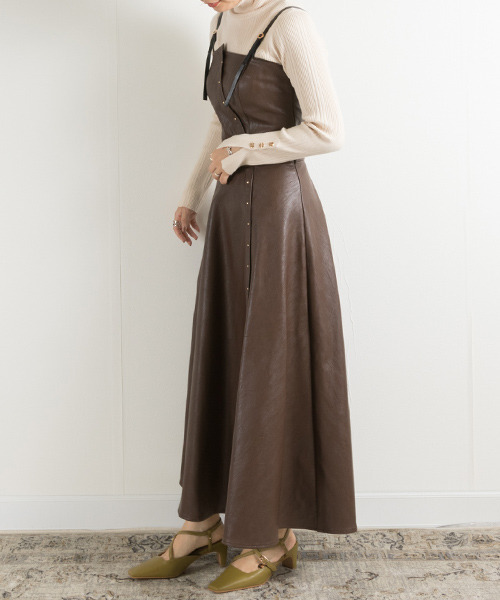 ランバンコレクション 美品 フェイクレザーワンピース 茶 ブラウン ドッキング フェイクレザーワンピース | ランバン コレクション(LANVIN