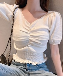 ハートネックギャザーショートカットソー