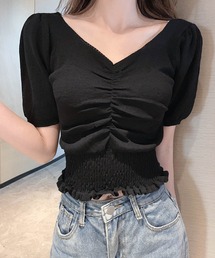 ハートネックギャザーショートカットソー