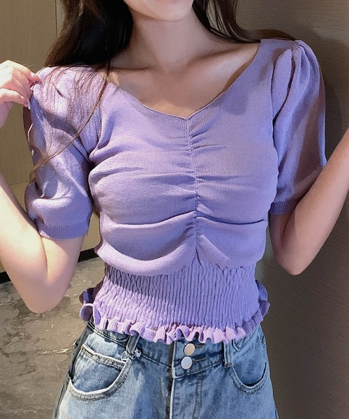 Primazel（プリマゼル）の「ハートネックギャザーショートカットソー（Tシャツ/カットソー・レディース・ラベンダー/ホワイト/ブラック・M）」の12枚目の写真