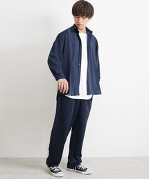 【MinoriTY】バイカラープリーツセットアップ とろみ素材長袖シャツ+スラックス オーバーサイズ レギュラーカラー テーパードパンツ メンズ