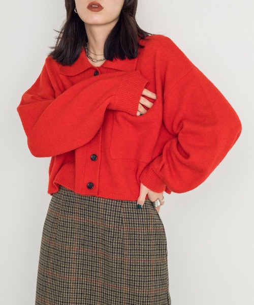 w closet（ダブルクローゼット）の「襟付きビックポケットショートカーディガン（カーディガン/ボレロ・レディース・レッド/ライム/ダークブラウン系1/キナリ/イエロー・FREE）」の5枚目の写真