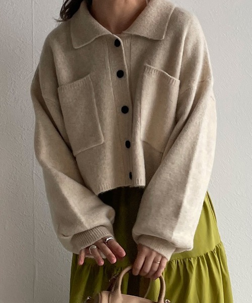 w closet（ダブルクローゼット）の「襟付きビックポケットショートカーディガン（カーディガン/ボレロ・レディース・レッド/ライム/ダークブラウン系1/キナリ/イエロー・FREE）」の8枚目の写真