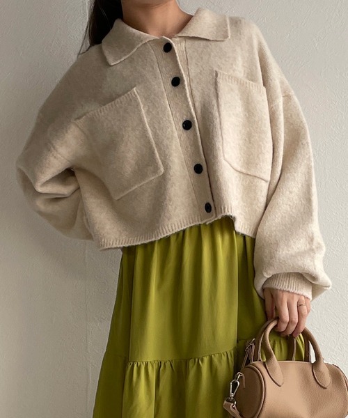 w closet（ダブルクローゼット）の「襟付きビックポケットショートカーディガン（カーディガン/ボレロ・レディース・レッド/ライム/ダークブラウン系1/キナリ/イエロー・FREE）」の10枚目の写真