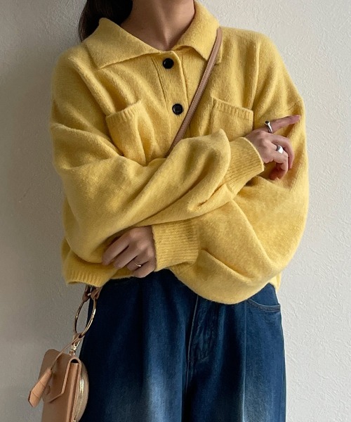 w closet（ダブルクローゼット）の「襟付きビックポケットショートカーディガン（カーディガン/ボレロ・レディース・レッド/ライム/ダークブラウン系1/キナリ/イエロー・FREE）」の18枚目の写真