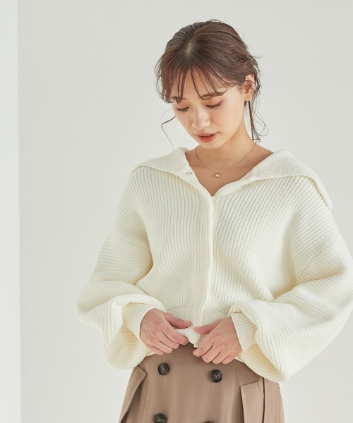 mysty woman（ミスティウーマン）の「ビッグカラーボリューム袖プルオーバー 264374（ニット/セーター・レディース・ブラウン/オフホワイト/ラベンダー・FREE）」の2枚目の写真