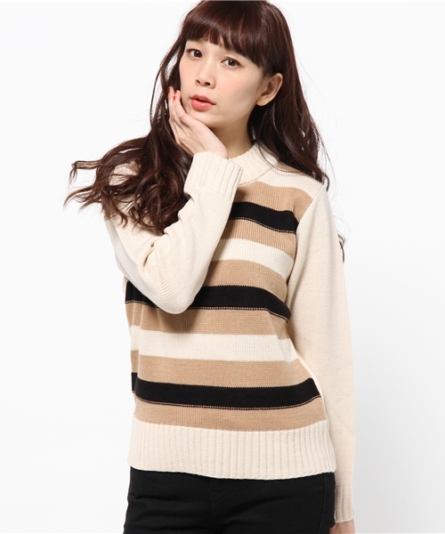 mystic（ミスティック）の「太ボーダーKNITプルオーバー（ニット/セーター・レディース・ライトグレー/ネイビー/ブラック/オフホワイト・ﾌﾘ-）」の2枚目の写真